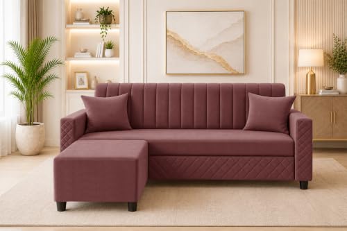 Image of L-Shaped 3 Seater Sectional Sofa with Ottoman | Modern Upholstered Couch | Vertical Channel Tufted Backrest | Diamond Quilted Arms & Base | Comfortable Living Room Furniture - Rose Pink