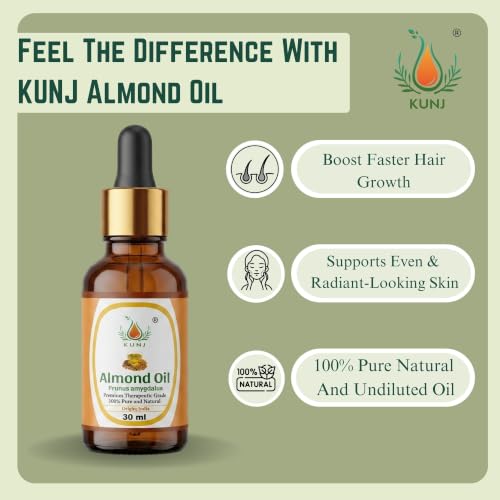 Image of KUNJ Almond Oil (Prunus Amygdalus) 30ML - 100% Pure & Natural, Cold Pressed, Undiluted Carrier Oil for Face Glow, Skin Moisturizing, Hair Nourishment, Body Care & Aromatherapy Massage