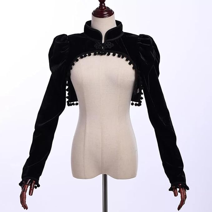 Chaqueta victoriana de terciopelo negro de alta costura con pompones y cuello mandarín 4