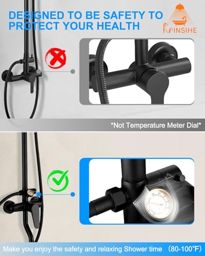 Kit de ducha exterior con sistema de ducha expuesto, válvula de latón con termómetro de dial, cabezal de ducha tipo lluvia de 10'' y combinación de ducha de mano - Negro para montaje en pared miniatura 3