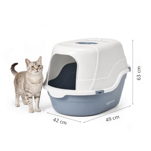 Image of Amazon Basics No-Mess Enclosed Cat Litter Box | Hooded Cat Washroom with Privacy Door | Blue + White | 42 X 49 X 63 cm| Suitable for Kittens & Adult Cats