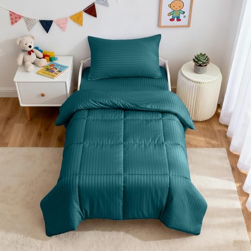 Image of ZPECC Toddler Bedding Set - 4 Piece Hypoallergenic Baby Crib Bedding Set for Boys and Girls, Includes Toddler Comforter, Flat Sheet, Fitted Sheet and Pillowcase, Teal