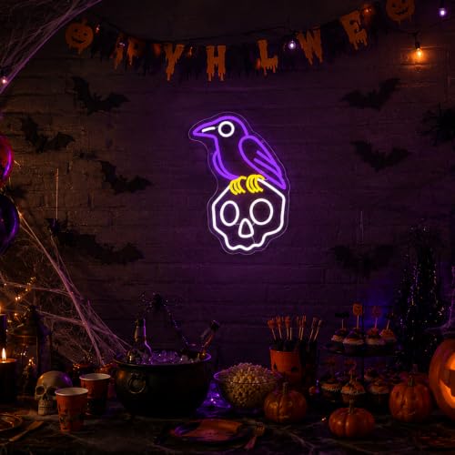 Image of Crow Skull Neon Sign, Halloween Neon Light Led Gothic Spooky Halloween Decor Sign, for Bedroom Home Office Man Cave Spooky Night Light Bar Game Room Party, Birthday Gift(15.7 * 9.4 In)