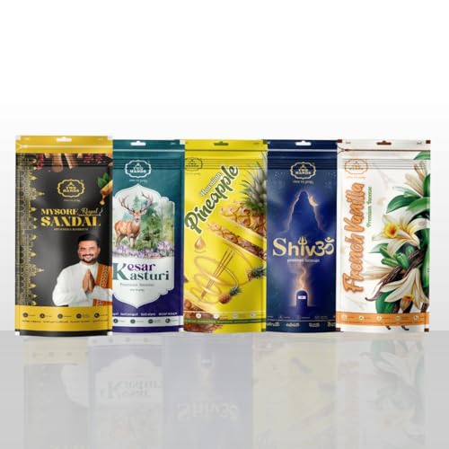 Image of Twohands Agarbatti Combo Pack 5x100g - French Vanilla, Hawaiian Pineapple, Kesar Kasturi, Mysore Sandal & Shivom Temple Divine | Premium Masala Incense Sticks | for Puja, Meditation & Home Fragrance