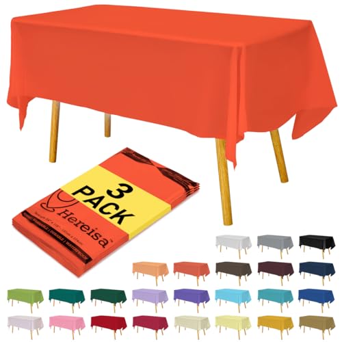 Hereisa Plastic Orange Tablecloths 3 Pack Disposable Table Covers 54 x 108 Inches Pitch Onyx Table Cloths for Parties Birthdays Weddings Anniversary BBQ Picnic, Fits 6 to 8 Foot Rectangle Tables