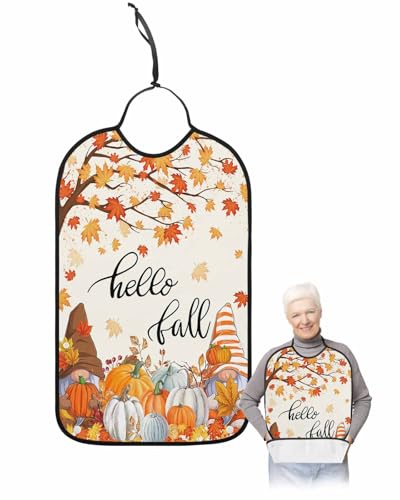 LEOKOTI Hello Fall Gnomes Adult Bibs for Eating, Waterproof Bibs with Food Catcher & Adjustable Snap Closure, Orange Pumpkins Thanksgiving Orange Washable Clothing Protectors Adult Bibs for Elderly