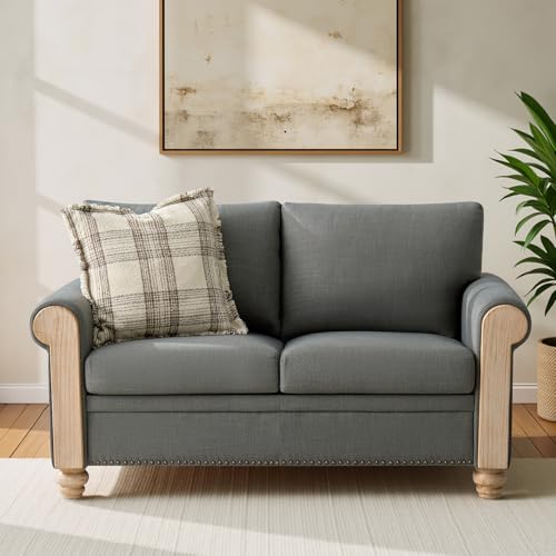 HULALA HOME 60" Farmhouse Loveseat Sofa with Solid Wood Spindle Legs, 2 Seater Small Sofa with Rolled Wide Armrests, Comfy Upholstered Loveseat Couch with Nailhead Trims, Charcoal