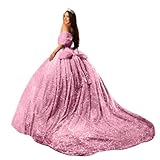 Youjiayi Shiny Light Pink Ouinceanera Dresses with Bow Off Shoulder Sequin Prom Dresses Long Ball Gowns for Women Luxury Sweetheart Evening Party Gowns Size 12