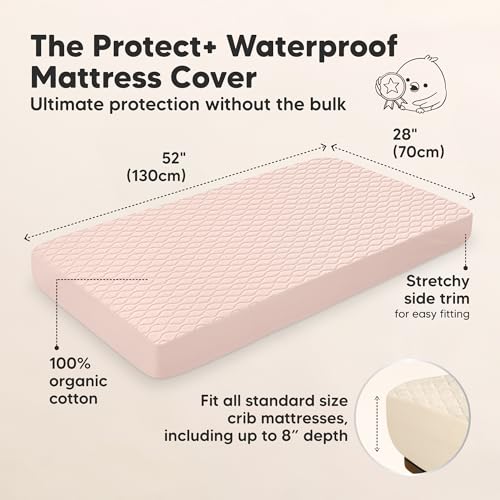 Image of 2-Pack Waterproof Crib Mattress Protector Cover Fitted - Quiet Baby Crib Mattress Pad Sheets, 52 inch x 28 inch Soft Quilted Cotton Baby Sheet, Machine Washable, Easy Fit, Durable (Cameo /Mavy)