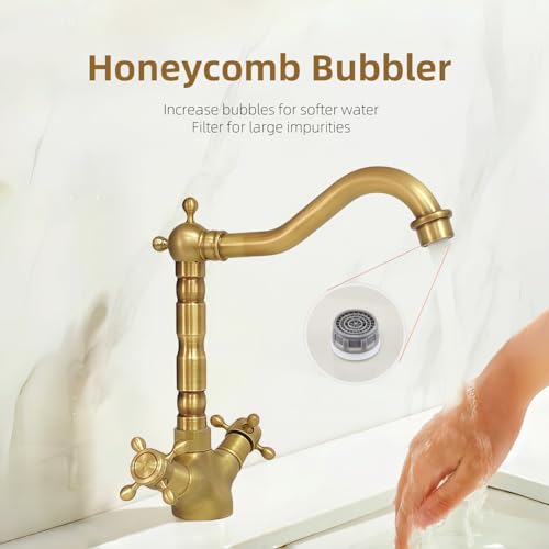 KOPYFANTAP Robinet de Lavabo en Laiton Antique, Robinet Cuisine Laiton Rétro à Double Poignée, Rotatif à 360° Mitigeur en Bronze de Salle de Bain Chaud et Froid – Image 7