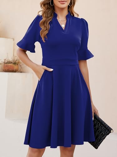 Image of Mokayee Womens Summer V Neck Ruffle Short Sleeve Fit and Flare Knee Length Church Wedding Guest Dresses with Pockets
