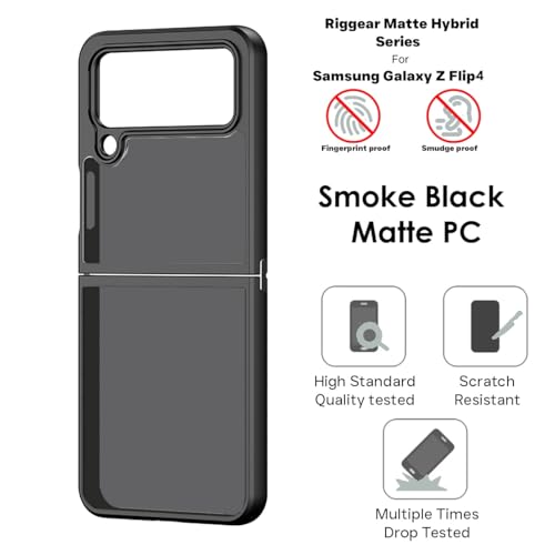 Image of RIGGEAR Shockproof Sleek Hybrid Armor Back Cover Case Compatible with Samsung Galaxy Z Flip 4 (Smoke Black Matte PC + Black TPU Bumper)