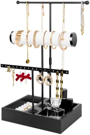 Gold Metal Jewelry Stand Holder With Acrylic Tray - Detachable Organizer For Earrings, Necklaces, Rings, Bracelets