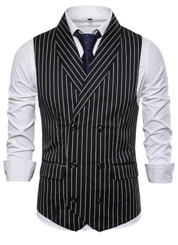 GATMSTZ Men Formal Double Breasted Pinstripe Groom Vest Slim Business Waistcoats(Black,XXXL)