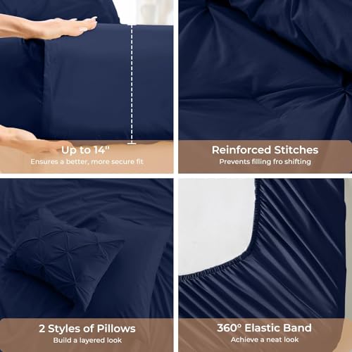 Image of Sasttie Queen Comforter Set, 7-Piece Bed in a Bag, Pintuck Bedding Sets for All Season, Includes Comforter, Flat Sheet, Fitted Sheet, Pillowcases and Pillowshams, Navy