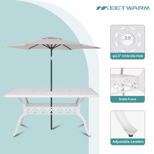 Image of MEETWARM 7-Piece Outdoor Patio Dining Set, 6 Outdoor Dining Chairs and 1 Rectangle Table with 2 inch Umbrella Hole, All Weather Cast Aluminum Patio Funiture Set for Backyard, Patio(White)