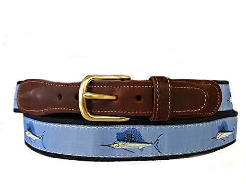 Men's Preston Leather Ribbon Light Blue Sailfish Fish Belt (34)