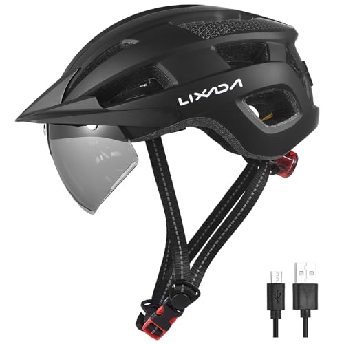 Lixada Casco de bicicleta con luz, 54-62 cm, especial para mujer, hombre, niños, casco de bicicleta con visera, plegable y luz trasera para hombre y mujer