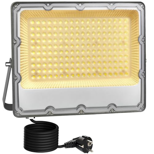 MEEKBOS Faretto LED da Esterno 150W, IP66 Impermeabile Luce Bianca Calda 3000K Faro LED Con Spina Schuko,15000 Lumen,220-240V AC 50Hz