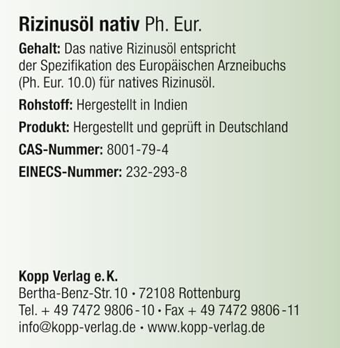 KOPP Vital® Rizinusöl nativ Ph. Eur. 250 ml | Premium-Qualität | nativ und kaltgepresst | Öl für vielseitige Anwendungen | Preis-Leistungs-Verhältnis | frei von Alkaloiden