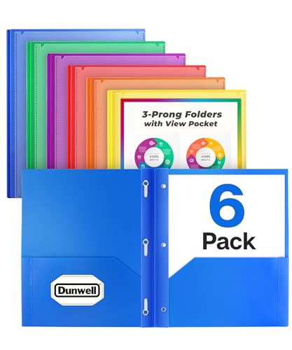 Dunwell 2-Pocket 3-Prong Folders with Clear Front View Pocket, 6 Vibrant Colors, Durable Acid-Free Poly Plastic, 3-Hole Binders with Brads and Pockets, Include Labels