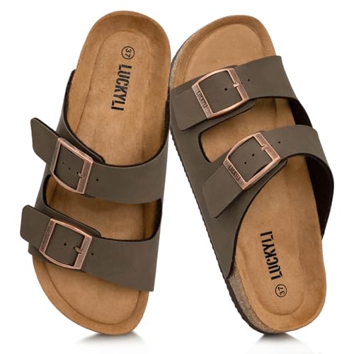 LUCKYLI Kids Sandals for Boys Girls Cork Footbed Slide Sandals with Adjustable Straps Non-slip Summer Slippers for Indoor Outdoor (Little/Big Kids) (3 Little Kid Brown)