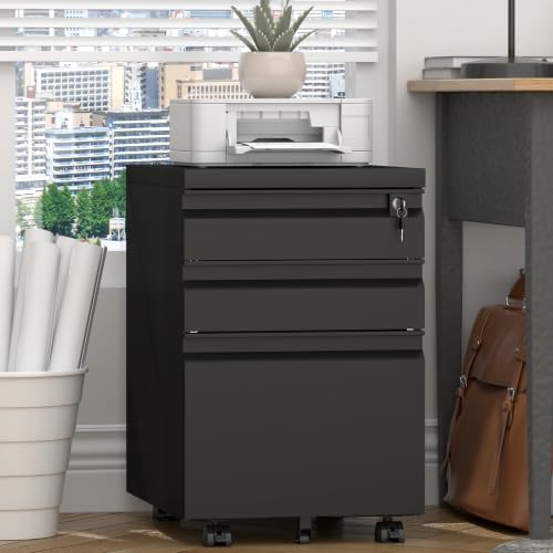 Image of Filing Cabinets for Home Office, Printer Table with Caster, Lockable Office Cabinet with 3 Drawer, Small File Cabinet for Letters /A4, No Assembly Required, Black