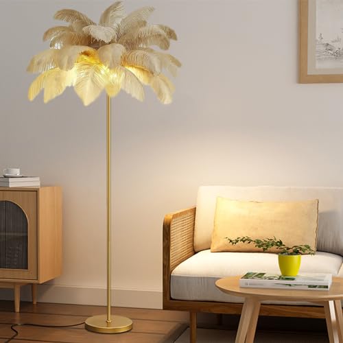 Lámpara de pie de plumas para salón caqui, iluminación romántica para dormitorio de princesa