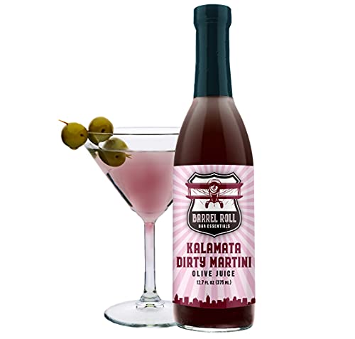 Barrel Roll Bar Essentials Cocktail Mixers - Extra Dirty Martini Mix - Kalamata Olive Brine - USA Made Small Batch Drink Mix - Purple Olive Juice - 12.7 Ounce Martini Juice – Vodka Gin Vermouth Mixer