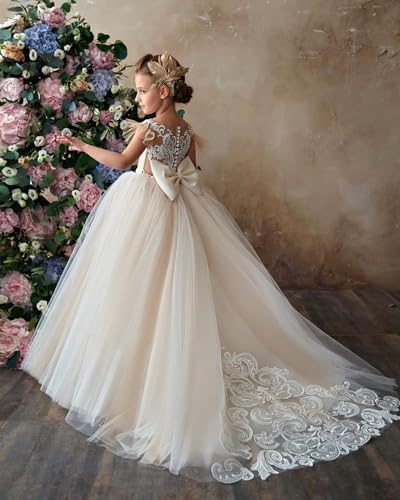 Lace Tulle Flower Girl Dresses for Wedding Ruffle Sleeve First Communion Dress Pageant Ball Gown with Bow2