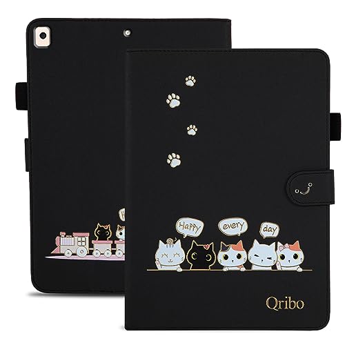 Qribo iPad 9世代 ケース iPad air3 ケース iPad Pro 10.5 ケース シンプルなのに可愛いデザイン エンボス加工猫柄 うれしい気持ち 10.2インチ対応 iPad 9/8/7 ケース iPad 10.2 ケース 複数の視野角 スリムフィット iPad 10.2 2019/2020/2021 モデル タブレットケース iPad air 第3世代 ケース 保護カバー 防水 の耐久性 滑り防止 美しい 贈り物 友達 - 黒