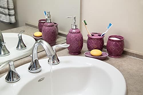 Comfify Designer 4-Piece Ceramic Bath Accessory Set | Includes Liquid Soap or Lotion Dispenser w/Toothbrush Holder, Tumbler, Soap Dish | Moroccan Trellis | Purple - Holds 15.6 oz