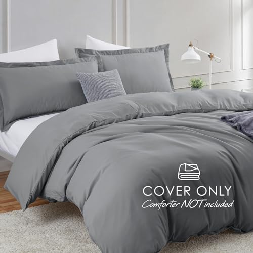 Image of Hearth & Harbor Grey Duvet Cover King Size, 3 Piece Bedding Set | Soft Double Brushed Bedding Set, Button Closure, 1 Duvet Cover 104x90 Inches, 2 Pillow Shams