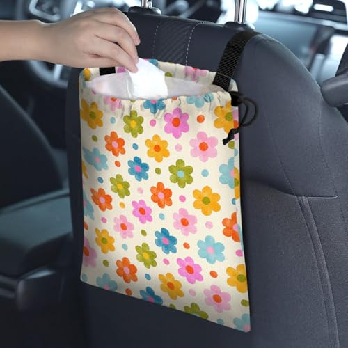 Image of Car Trash Bag Hanging Back of Seat Waterproof Small Cute Printed One-Handed Strap Drawstring Garbage Bags for Car-Flower