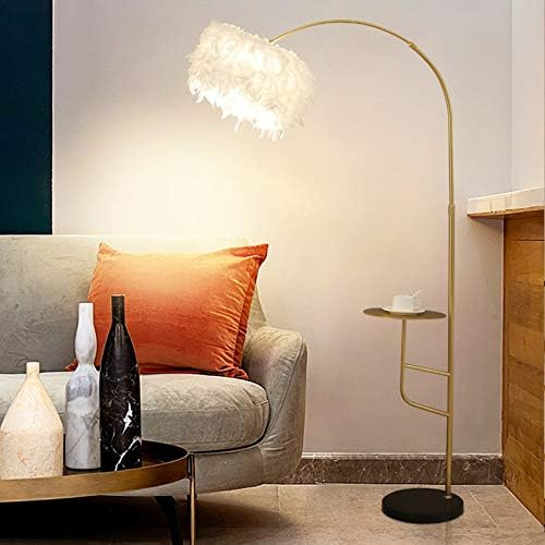 LITFAD Adjustable Postmodern Gooseneck Floor Light Metal 1 Head Bedroom Stand Up Lamp Modern Living Room Floor Stand Lamp with Tray and Round Feather Shade, Gold 110V-120V