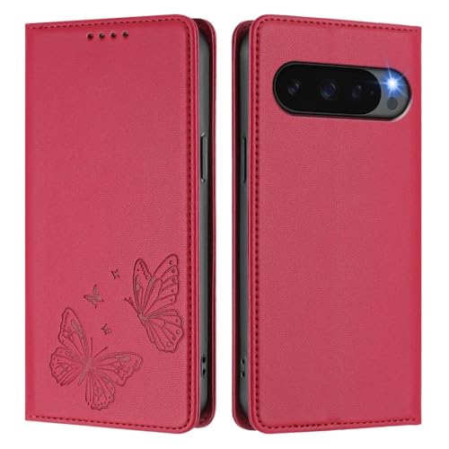 Étui Google Pixel 10A rouge clapet magnétique portefeuille cuir papillon