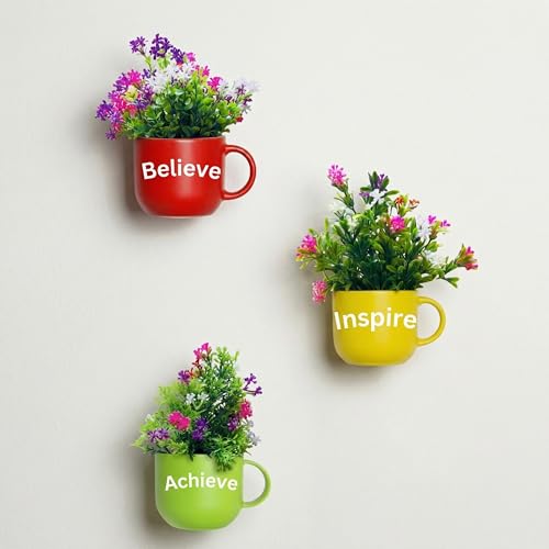 Image of Dekorly Wall Hanging Mug Planters with Artificial Flowers (20CM) - Decorative Hanging Cups, Colorful Floral Wall Decor for Living Room Bedroom Balcony Office Gift Set (3, Believe Inspire Achieve)