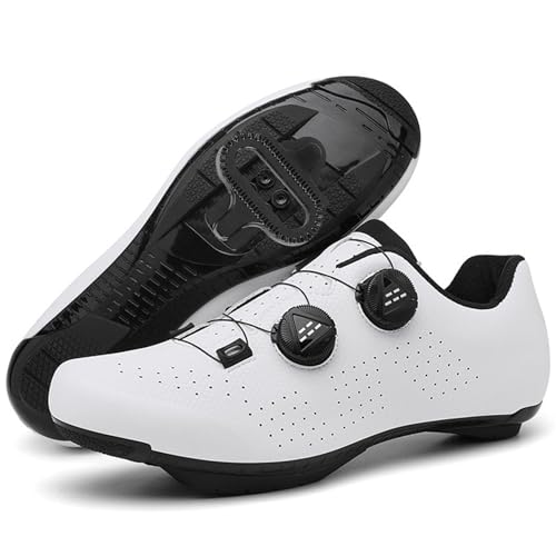 PENXZT Zapatilla de MTB Ciclismo Hombre, Zapatos Bicicleta de Montaña Compatible con SPD Pedales 2 Tornillos con Calas Unisex Adulto Respirables Antideslizantes,Blanca,38 EU