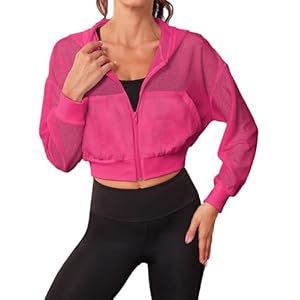 SweatyRocks Women’s Activewear Hollow Out Mesh Full Zip Hoodie Jacket Crop Top with Pockets