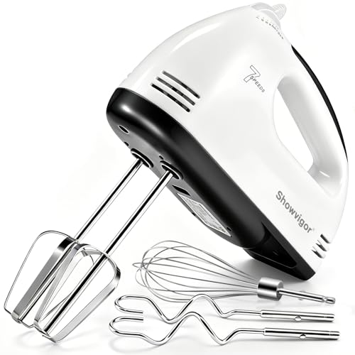 Batidora de Varillas Eléctrica 300W con 7 Velocidades, 2 Batidores, 2 Garfios Amasadores, 1 Batidores de Huevos, Accesorios Aptos Lavavajillas, Ideal para Repostería y Cocina, Blanco