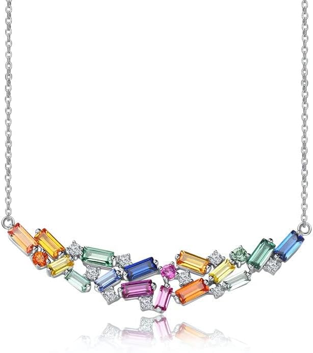 Curved Bar Baguette Necklace for Women 925 Sterling Silver Lab Created Colorful Gemstone Pendant Necklace - Image 2
