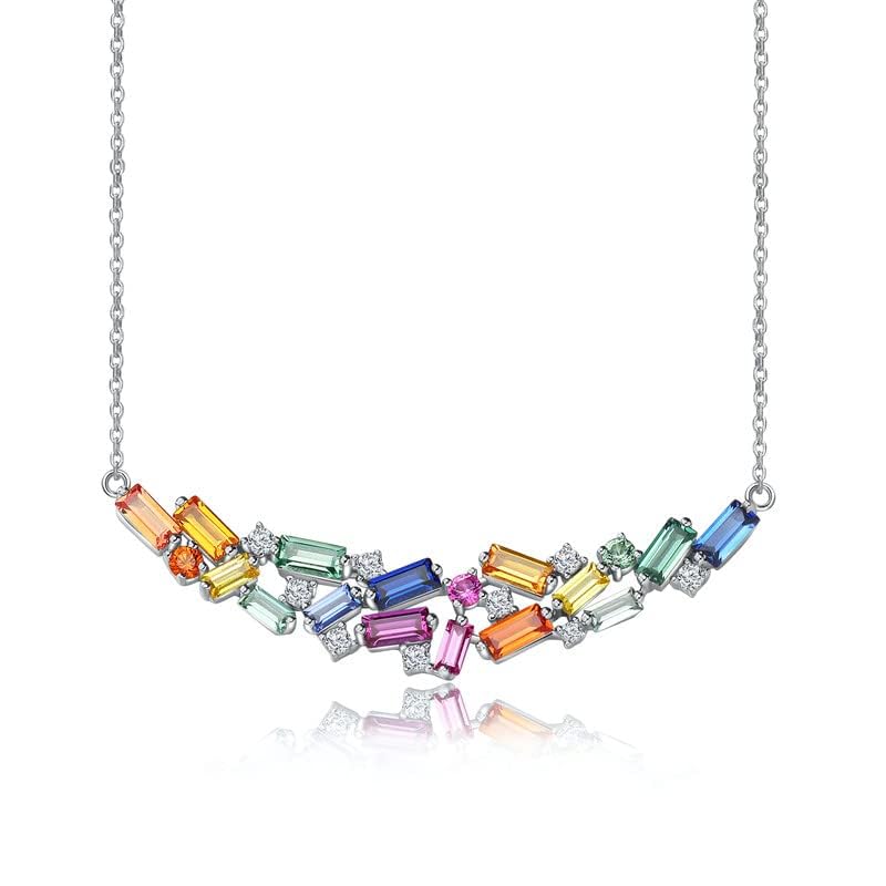 Curved Bar Baguette Necklace for Women 925 Sterling Silver Lab Created Colorful Gemstone Pendant Necklace2