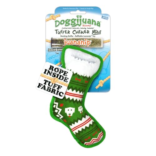 Image of Doggijuana Tuffer Chewer Dog Toy, Stocking Stuffer | Holiday Plush, Squeaky | Squeaky plush dog toy with calming Juananip catnip inside; eases anxiety, stress & boredom; durable interactive chew toy
