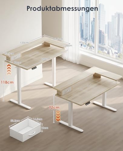 OffiGo Biurko Elektryczne, 120x60cm Elektryczne biurko z regulacją na stojąco z uchwytem na monitor w kształcie L, biurko stojące z szufladą, stół z USB, ergonomiczny standing desk, biały