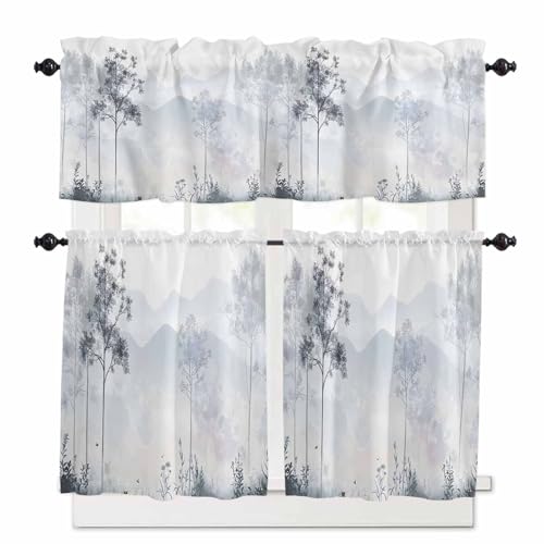 Foggy Forest Gray Kitchen Curtains 36 Inch Length, 3 Piece Rod Pocket Small Half Tiers and Valance Set, Vintage Mountain Grey Tree Small Large Window Treatment Decor for Bedroom/Bathroom Sink