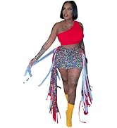acelyn Womens 2 Piece Skirt Sets One Shoulder Tank Crop Top Fringe Floral Mini Skirt Party Club O...