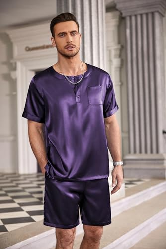 Image of Ekouaer Mens Pajamas Set Silk Satin Pjs Sets Summer Short Sleeve Button Down Sleepwear 2 Piece Loungewear with Pockets