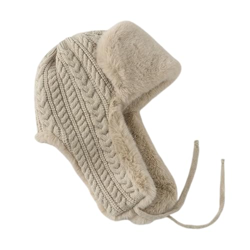 ECYC Knitted Trapper Hat, Faux Fur Lined Earflap Hat Winter Warm Russian Ushanka Hat Knit Cold Weather Hat for Women