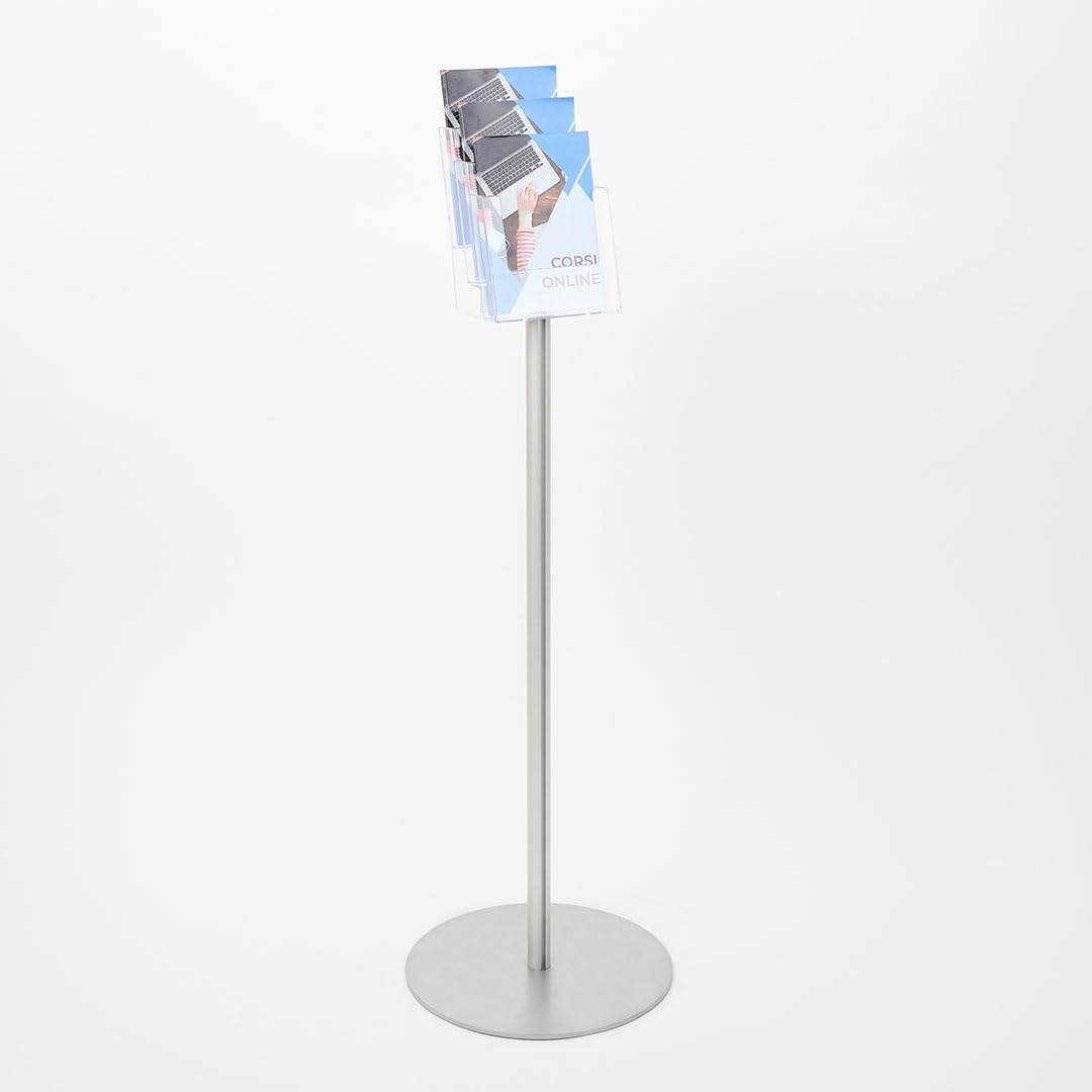 Danieli - Porta Depliant da Terra in Acrilico Trasparente A5 con 3 tasche, per Riviste e Brochure. Porta Volantini Resistente da Utilizzare come Espositore per Ufficio e Negozi. (Alluminio Silver)