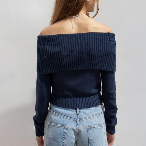 Image of Women Off Shoulder Long Sleeve Sweater Y2K Ribbed Knit Pullover Solid Crop Top Going Out Boat Neck Blouse